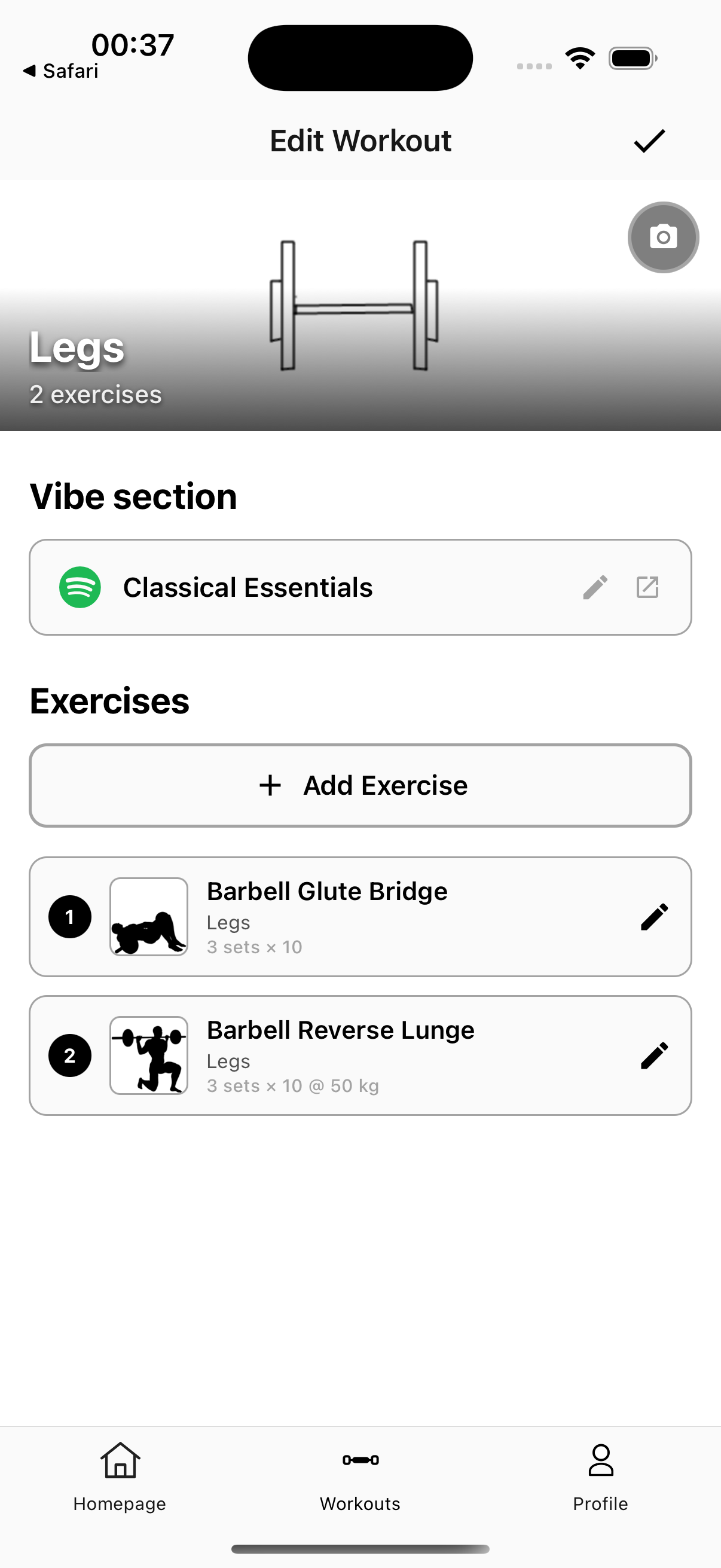 Create Workout Screen