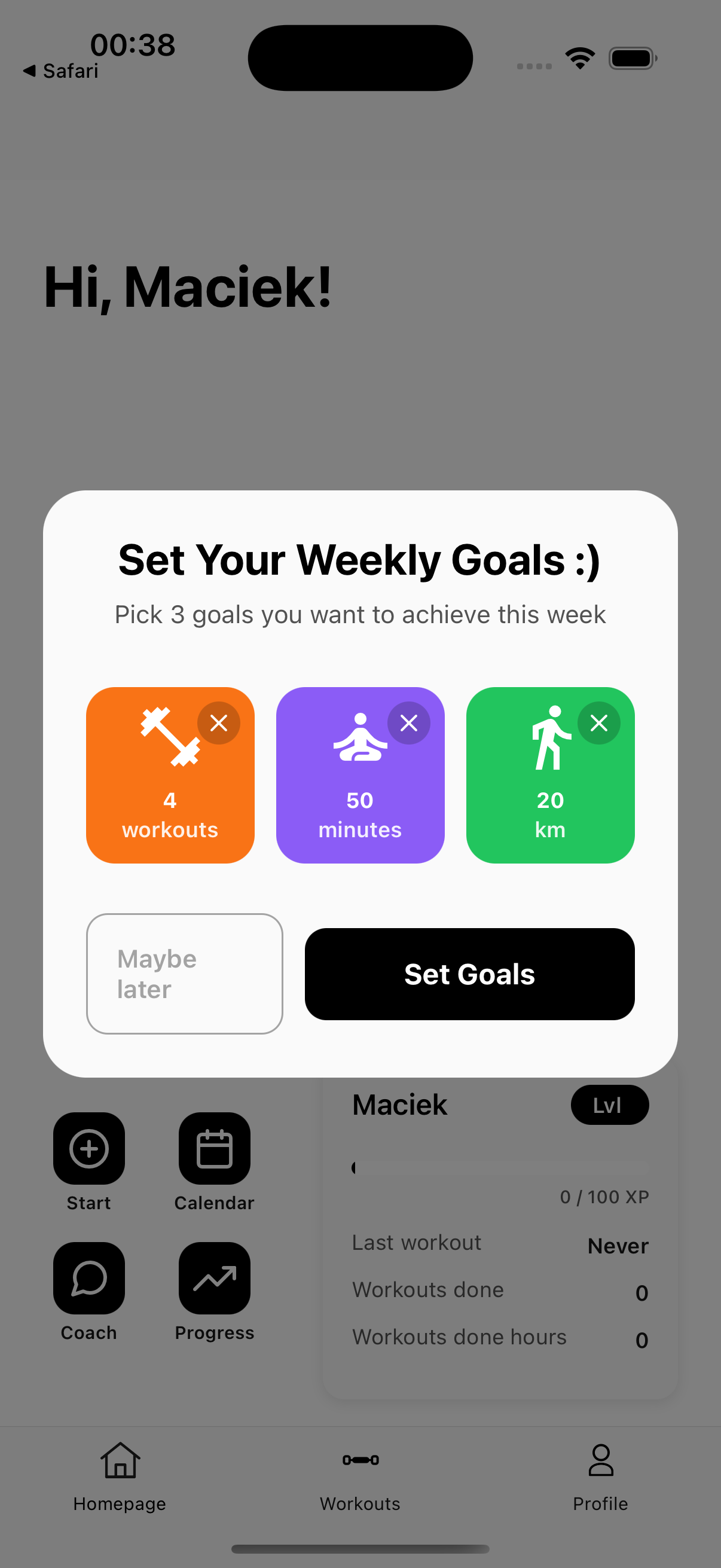 Set Your Goals Screen